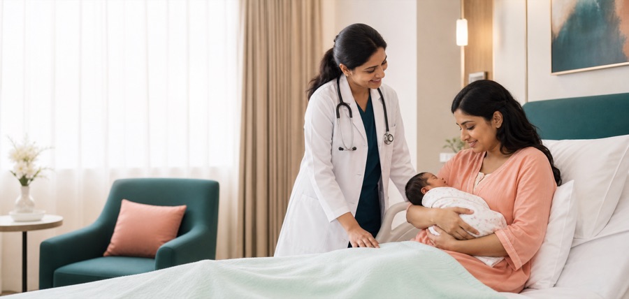 Warm and modern maternity care room for mothers and newborns